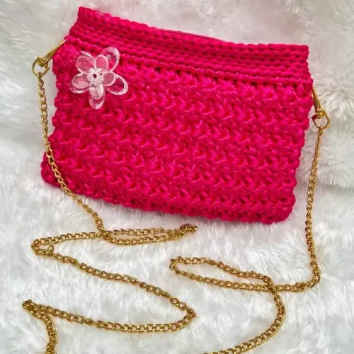 Bolsa De Crochê Mini Transversal Feminina Alça Dourada