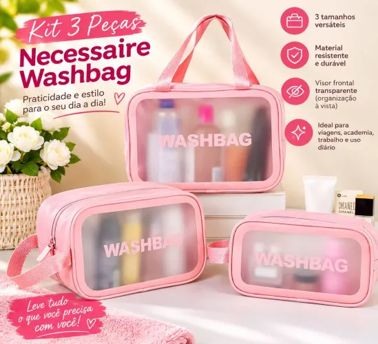 KIT 3 NECESSAIRES ROSA - ORGANIZE MAQUIAGEM, SKINCARE E VIAGEM