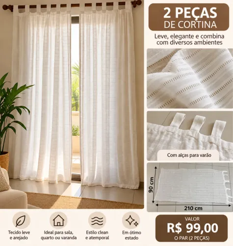Cortina 2 peças branca com alças para varão