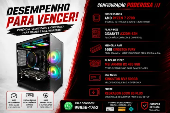 PC Gamer Ryzen 7 2700 RX 480 8GB - Completo - Até 12 X 256,00 Sem Acréscimo  !!!