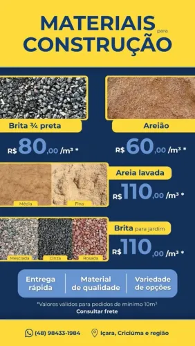 Brita, Areia lavada, Areião e Aterro entrega rápida e melhor preço!