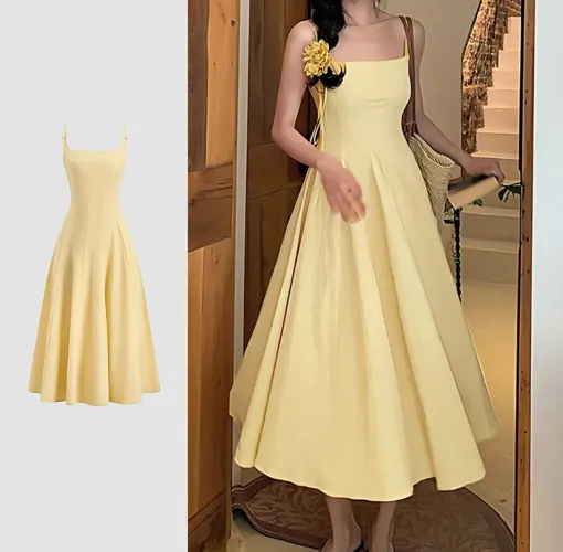 Vestido midi elegante amarelo pastel