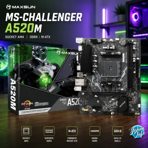 Placa Mãe Maxsun MS-Challenger A520M AMD AM4 DDR4 mATX HDMI M.2 NVMe