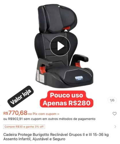 CADEIRA PRA CARRO ATÉ 36 KG