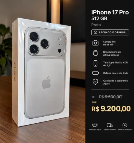 IPHONE 17 PRO, PRATA, 512 GB, NOVO, LACRADO, ORIGINAL