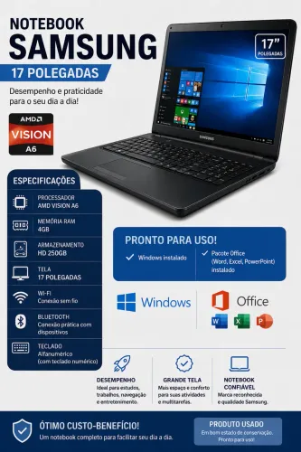 Notebook Samsung 17p AMD Vision A6 - Windows + Office - Pronto para Uso
