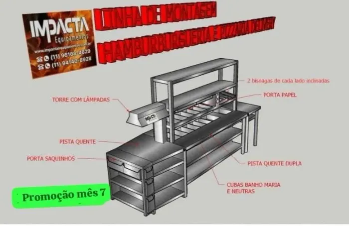 Mesa inox pista quente para delivery hamburgueria- sob medida