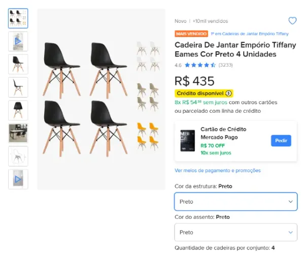 Cadeira de jantar Empório Tiffany Eames DSW Madera, estrutura de cor preto 4 unidades