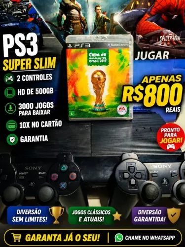 Ps3 super slim ,hd de 500 gigas,3000 jpgos pra baixar,10 x no cartao,dois controles