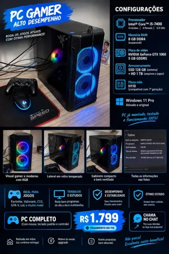 PC Gamer i5-7400 + GTX 1060 5GB + 8GB RAM | RGB | Completo