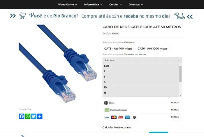 Cabo de Rede para Internet Até 1000Mbps - Até 50 Metros de Comprimento!
