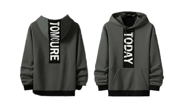 Blusa Com Capuz Bolso Canguru Cordão, Carta Gráfica Cinza