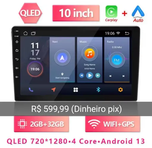 Central Multimídia Android 13 Tela 10 polegadas GPS dvd som carro 2GB RAM 32GB