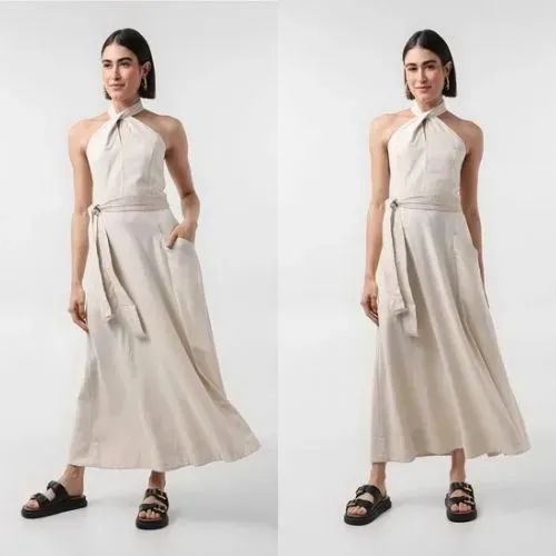 Vestido midi em viscolinho frente única com faixa bege | AK by Riachuelo