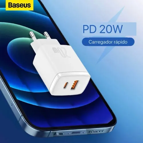 Baseus Carregador IPhone Com 2 Entradas USB Tipo C e Celular Samsung Android 20w Turbo
