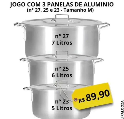 Jogo de Panelas Alumínio 3 Peças - 7L, 6L e 5L