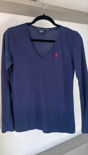 Blusa Manga Longa Gola V Ralph Lauren (Azul Marinho) - Tamanho PP (XS)