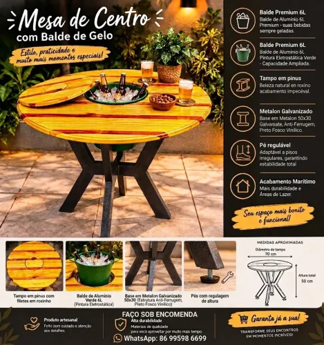 Mesa de Centro Artesanal Premium com Balde de Gelo 6L