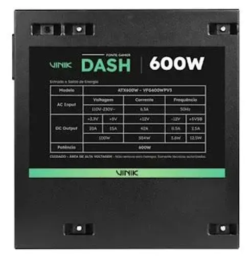 Fonte Gamer Vinik Dash 600W 80 Plus ATX 12cm Conectores PCle Sata Molex