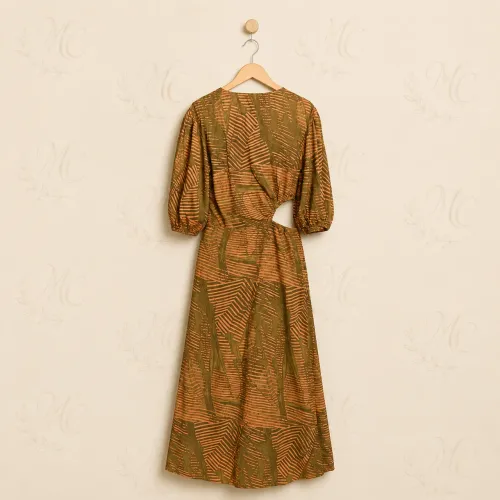 Vestido Midi Animale Cut Out Estampado Salmão/Verde - Tam M