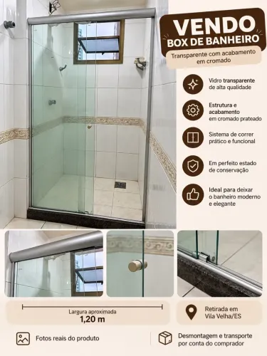 Box de Banheiro em Vidro Transparente - 1,20m - Acabamento Cromado