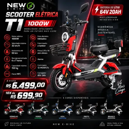 Scooter Elétrica New E-Bike T1 1000W 64V 20Ah Lítio NFC Aro 14