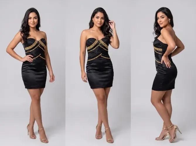 Vestido de festa preto de cetin com pedrarias postas a mão
