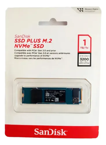 SSD SanDisk Plus NVMe, 1TB, M.2, PCle, Gen3, Leitura 3.200 e Gravação acima de 3.200