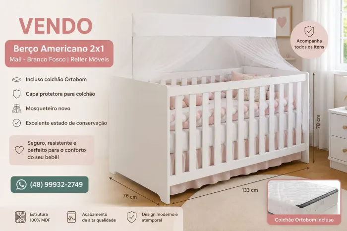 BERÇO AMERICANO 2x1 - MALI | BRANCO FOSCO + COLCHÃO + MOSQUETEIRO