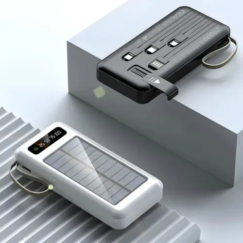 Power Bank Solar 20000mAh com 4 Cabos Embutidos e Lanterna - Novo Lacrado