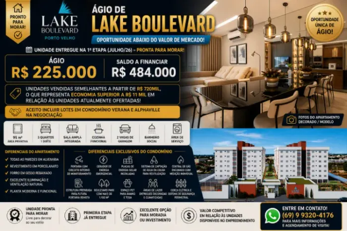 Ágio de Lake Boulevard Porto Velho | 3 Quartos | Pronto para Morar | R$ 225.000