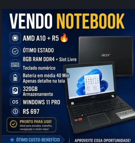 NOTEBOOK ACER ASPIRE -TELA GRANDE -8GB DE RAM+SLOT LIVRE- AMD A10 +R5 2.60Ghz