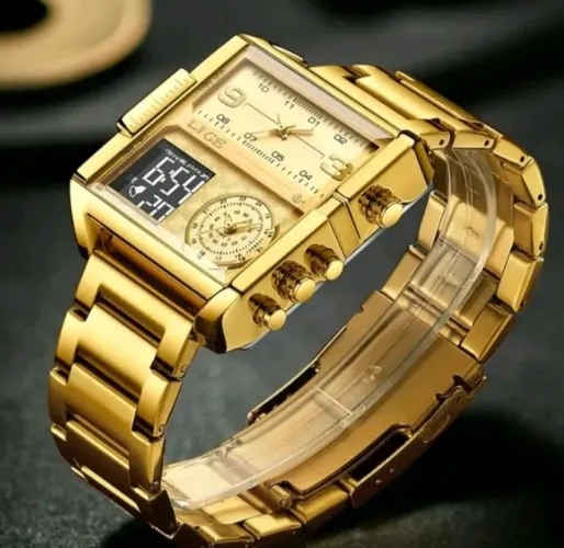 Relógio Masculino LIGE Dourado aprova dágua. Todo Em aço Inoxidável
