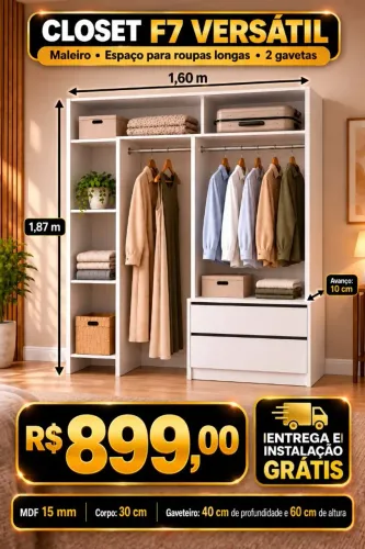 CLOSET CM GAVETAS CABIDEIROS MDF NOVO