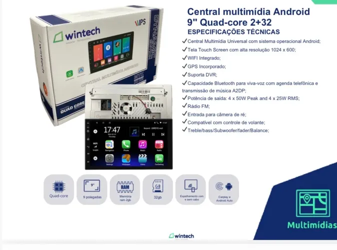 Central multimídia Android Wintech 9 polegadas 
