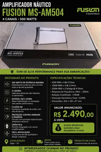 ? AMPLIFICADOR NÁUTICO FUSION MS-AM504 ? 4 CANAIS | 500W