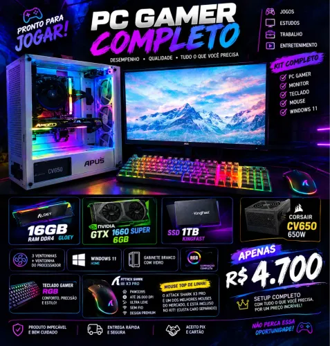 ? PC GAMER COMPLETO + MONITOR + TECLADO + MOUSE ATTACK SHARK X3 PRO ? R$ 4.700!