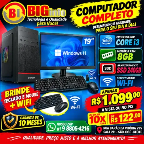 Pc Completo Intel Core I3 8gb Ssd 240gb Monitor 19 - Em ate 10x Fixa