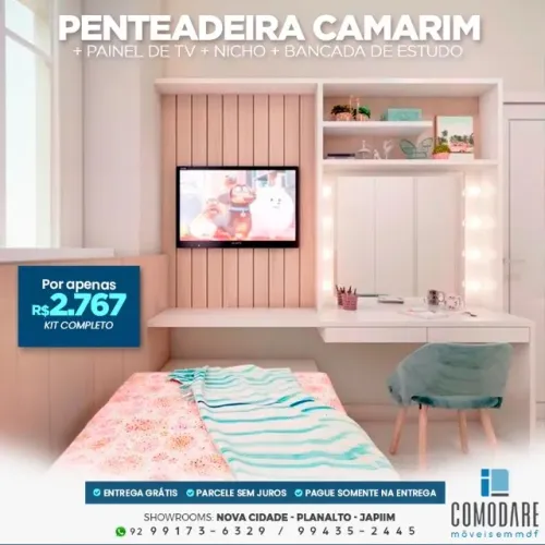 Penteadeira Camarim + Painel de TV e Bancada - R$ 2.767