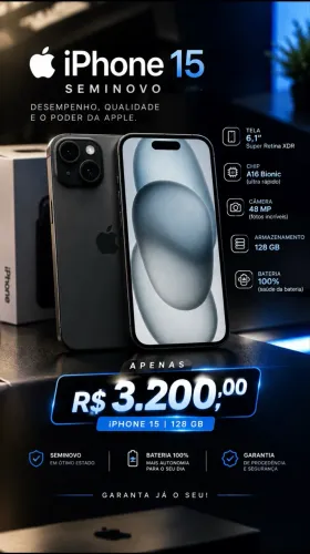 Iphone 15 128Gb seminovo, 100% de saude de bateria
