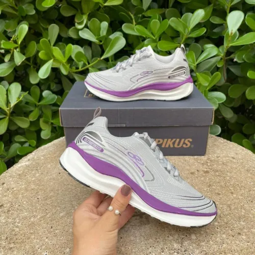 Tênis Esportivo Feminino cinza e roxo caminhada academia