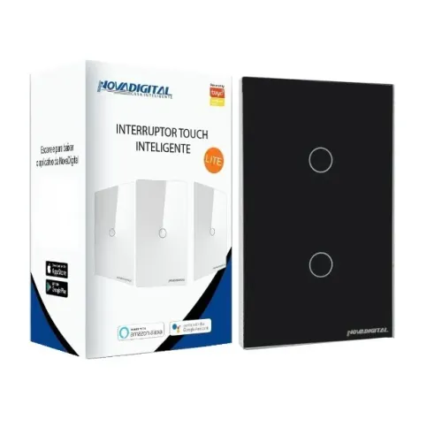 INTERRUPTOR INTELIGENTE TOUCH - PRETO - WIFI - 2 ACIONADORES - ALEXA E GOOGLE