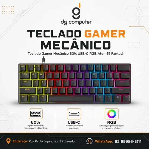 Teclado Gamer Fantech Mecânico 60% USB-C RGB MK211 <br><br>*R$ 130,00*