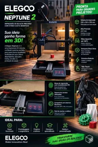 Impressora 3D Elegoo Neptune 2 REVISADA CALIBRADA EXCELENTE QUALIDADE com upgrades