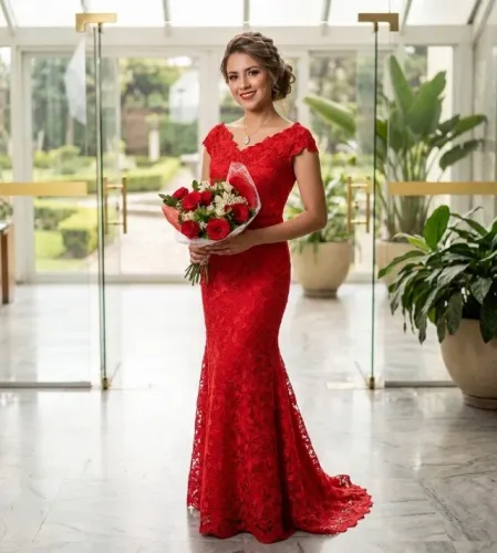 Vestido Casamento Festa Vermelho Guipir Sereia