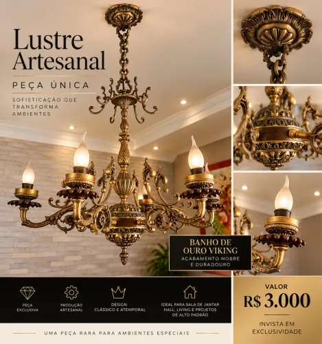 Lustre Artesanal Exclusivo - Peça Única com Banho de Ouro Viking