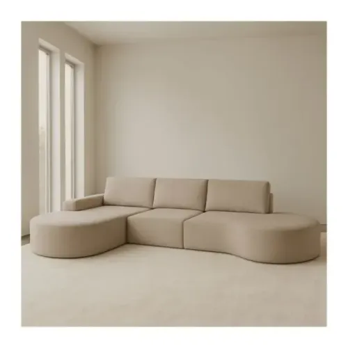 Sofá Orgânico C/ Chaise, puff 3 Lugares, Molas Ensacadas no Assento - Bouclé Bege 3,15m
