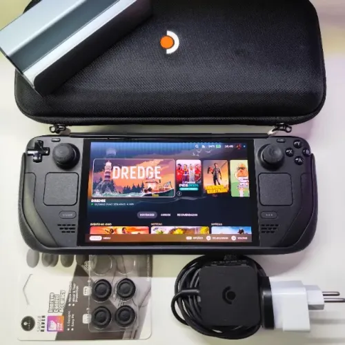 Steam Deck OLED 512gb original IMPECÁVEL + Dock e Acessórios Kit de Grips Skull & Co!