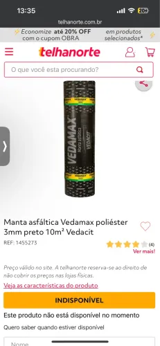Manta asfáltica Vedamax poliéster 3mm preto 10m² Vedacit