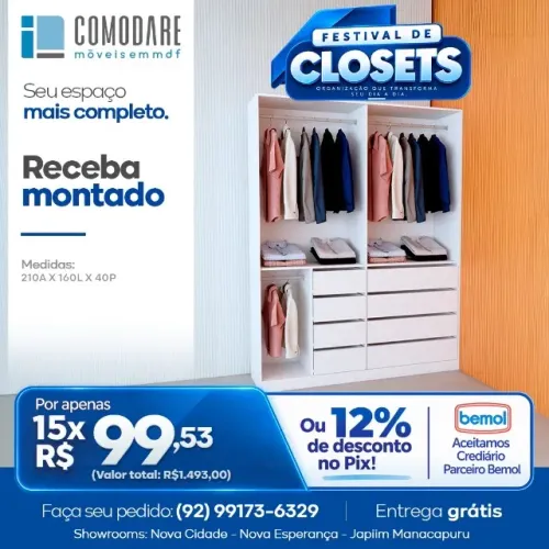 Closet 1,60m com 8 Gavetas e 3 Cabideiros - R$ 1.493,00
